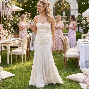 Sky Off-White Strapless Maxi Dress Crochet Lace Boho Bridal Beach | Size XS